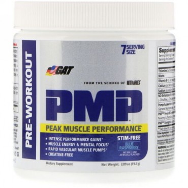GAT, PMP、プレワークアウト、ピークマッスルパフォーマンス、ブルーラズベリー、2.09 oz (59.5 g) (Discontinued Item)