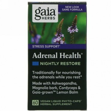 Gaia Herbs, 副腎の健康、夜間に体力回復、Phyto-Caps（フィトキャップ）液状植物性カプセル60粒