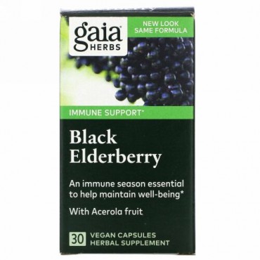 Gaia Herbs, ブラックエルダーベリー、アセロラフルーツ、ヴィーガンカプセル30粒