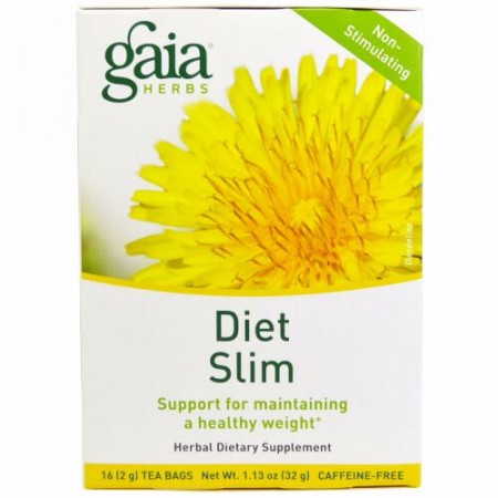 Gaia Herbs, ダイエットスリム、 カフェインレス、 16ティーバッグ、 1.13 oz (32 g)