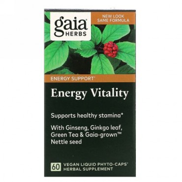 Gaia Herbs, エネルギーバイタリティー、液状ヴィーガンPhyto-Caps（フィトキャップ）60粒