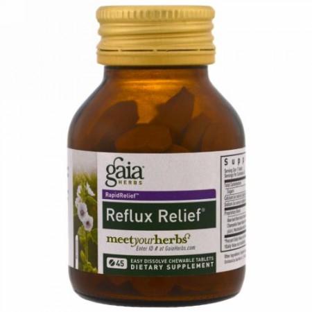 Gaia Herbs, 逆流緩和, 溶けやすいチュアブル錠剤45錠