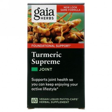 Gaia Herbs, ターメリックスプリーム、ジョイント、ビーガン液状カプセル60粒