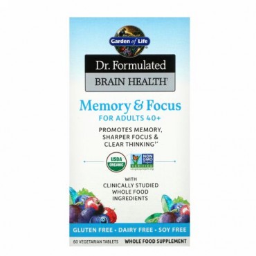 Garden of Life, Dr. Formulated Brain Health、メモリー&フォーカス（40歳以上成人用）、ベジカプセル60錠