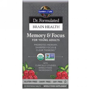 Garden of Life, Dr. Formulated Brain Health、メモリー&フォーカス（若年成人用）、ベジカプセル60錠