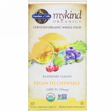 Garden of Life, Mykind Organics（マンカインドオーガニックス）、ビーガンD3、ラズベリーレモン、2,000IU、植物性チュアブルタブレット30粒