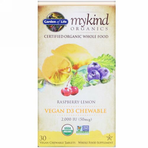 Garden of Life, Mykind Organics（マンカインドオーガニックス）、ビーガンD3、ラズベリーレモン、2,000IU、植物性チュアブルタブレット30粒