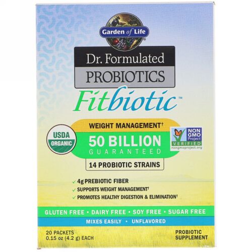 Garden of Life, オーガニック、ドクターフォーミュレーテッドプロバイオティクスFitbiotic（フィットバイオティック）、無香料、20袋入り、各4.2g