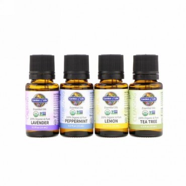 Garden of Life, Organic Essential Oil Starter Pack, Lavender, Peppermint, Lemon, Tea Tree, 4 Bottles, 0.5 fl oz (15 ml) Each (Discontinued Item)