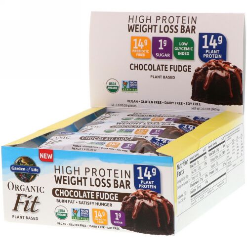 Garden of Life, オーガニックフィット、ハイプロテイン減量バー、チョコレートファッジ、12本、各55g（1.9oz）