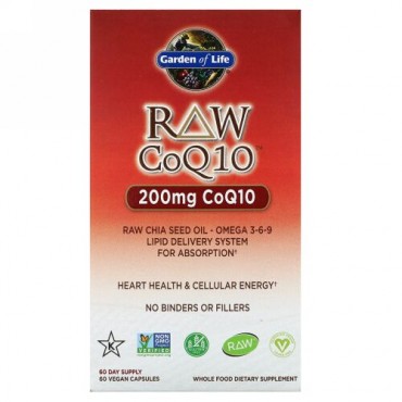 Garden of Life, Raw CoQ10（未加工コエンザイムQ10）、200mg、ビーガンカプセル60粒