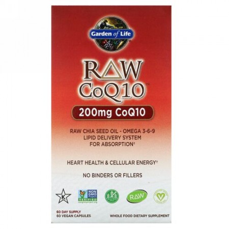 Garden of Life, Raw CoQ10（未加工コエンザイムQ10）、200mg、ビーガンカプセル60粒