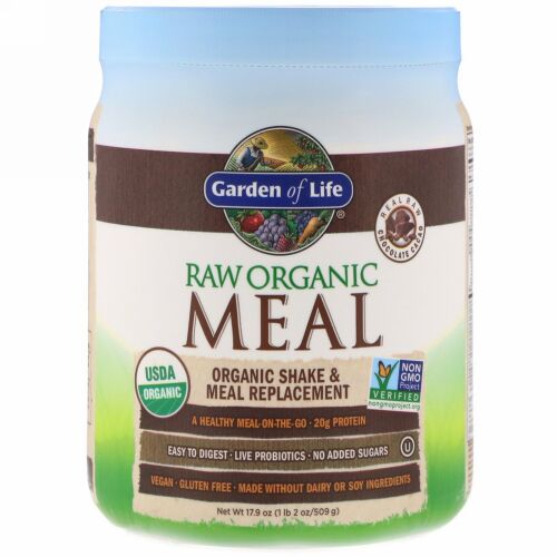 Garden of Life, 未加工オーガニックミール、シェイク＆食品代用品、チョコレートカカオ、509g（17.9オンス）