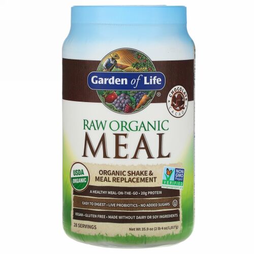 Garden of Life, 未加工オーガニックミール、シェイク＆食品代用品、チョコレートカカオ、1,017g（35.9オンス）