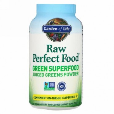 Garden of Life, RAW Perfect Food（ローパーフェクトフード）、グリーンスーパーフード、グリーンジュース粉末、ビーガンカプセル240粒