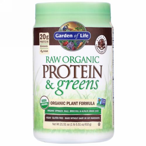 Garden of Life, RAW（未加工）プロテイン＆グリーン、オーガニック植物性成分、チョコレートカカオ、610g（21.51オンス）