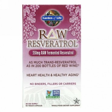 Garden of Life, RAW Resveratrol（未加工レスベラトロール）、350mg、ビーガンカプセル60粒