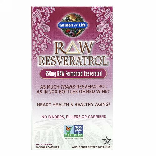 Garden of Life, RAW Resveratrol（未加工レスベラトロール）、350mg、ビーガンカプセル60粒