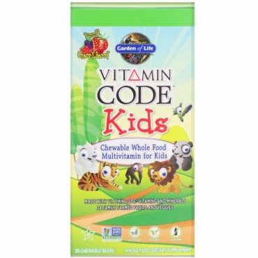 Garden of Life, ビタミンコード、キッズ、チュアブル ホールフード マルチビタミン 子ども用、チェリーベリー味、クマ型チュアブル 30 錠