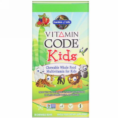 Garden of Life, ビタミンコード、キッズ、チュアブル ホールフード マルチビタミン 子ども用、チェリーベリー味、クマ型チュアブル 30 錠