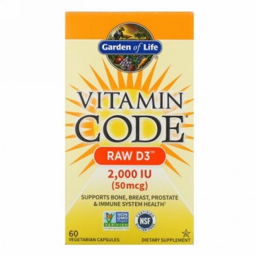 Garden of Life, Vitamin Code, RAW D3, 50 mcg (2,000 IU), 60 Vegetarian Capsules