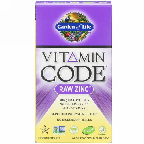 Garden of Life, Vitamin Code（ビタミンコード）、未加工亜鉛、ビーガンカプセル60粒