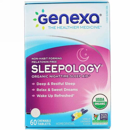 Genexa, スリーポロジー、オーガニック夜間睡眠補助薬、バニララベンダー風味、チュアブルタブレット60粒