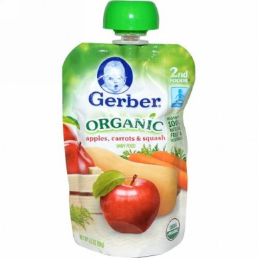 Gerber, 2nd Foods®（2番目の食事）、オーガニック ベビーフード、リンゴ･ニンジン･カボチャ、3.5オンス(99 g) (Discontinued Item)