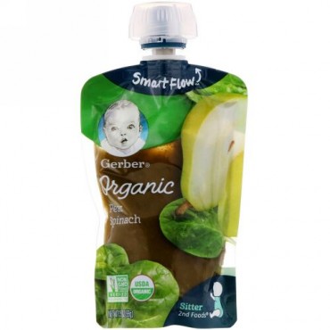 Gerber, セカンドフード®, オーガニックベビーフード, ペア・スピナッチ, 3.5 オンス (99 g) (Discontinued Item)
