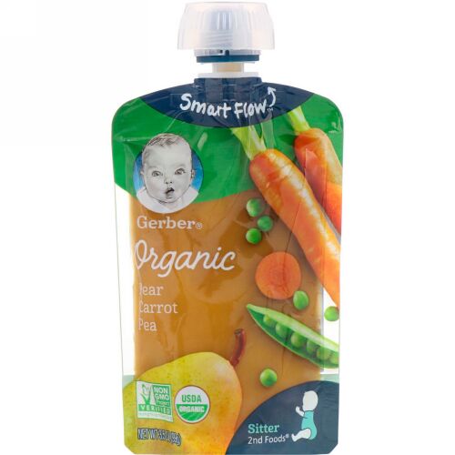 Gerber, セカンドフード, オーガニックベビーフード, ナシ, ニンジン&エンドウ豆, 3.5オンス (99 g) (Discontinued Item)