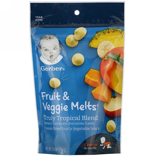 Gerber, グラデュエイツ、Fruit & Veggie Melts（フルーツ＆ベジメルツ）、本物のトロピカルブレンド、生後8か月以上のハイハイ期、28g（1.0オンス）