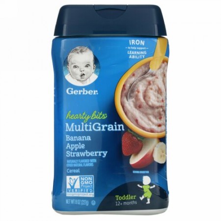 Gerber, Hearty Bits（ハーティビッツ）、マルチグレインシリアル、生後12か月以上用、バナナ、リンゴ、イチゴ、227g（8オンス）