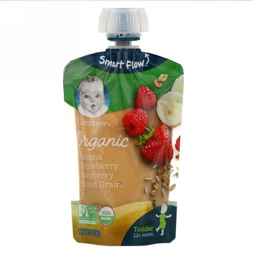 Gerber, Smart Flow（スマートフロー）、オーガニック、バナナ、イチゴ、ラズベリー、穀物ミックス、生後12か月以上、99g（3.5オンス）