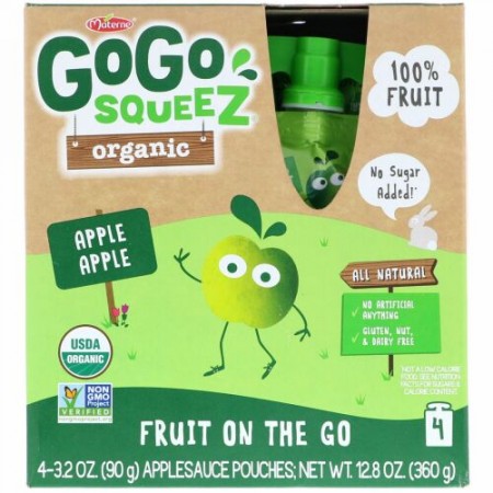 GoGo SqueeZ, オーガニックアップルソース、アップルアップル、4ポーチ、各3.2オンス (90 g) (Discontinued Item)