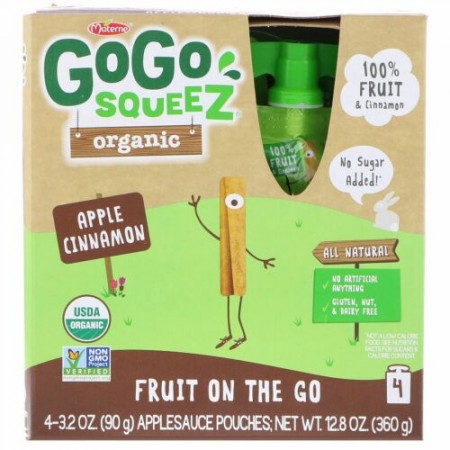 GoGo SqueeZ, オーガニックアップルソース、アップルシナモン、4ポーチ、各3.2オンス (90 g) (Discontinued Item)