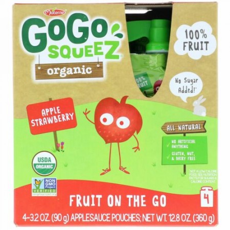 GoGo SqueeZ, オーガニックアップルソース、アップルストロベリー、4ポーチ、各3.2オンス (90 g) (Discontinued Item)