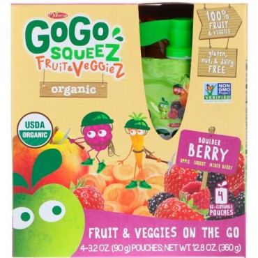 GoGo SqueeZ, オーガニックフルーツとベジZ、ボールダーベリー、4ポーチ、各3.2オンス (90 g) (Discontinued Item)