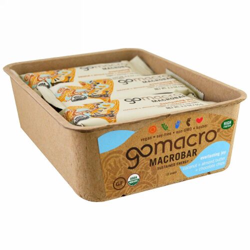 GoMacro, マクロバー、エバーラスティング ジョイ、ココナツ + アーモンドバター + チョコレートチップ、12本、各2.3 oz (65 g) (Discontinued Item)