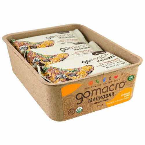 GoMacro, マクロバー、プロロングド パワー、バナナ + アーモンドバター、12本、各2.3 oz (65 g) (Discontinued Item)