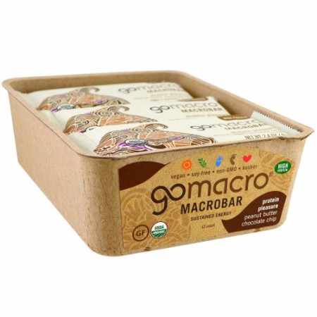 GoMacro, マクロバー、プロテイン プレジャー、ピーナツバター チョコレートチップ、12本、各2.4 oz (69 g) (Discontinued Item)