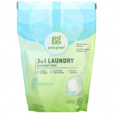 Grab Green, 3イン1洗濯洗剤、無香料、24回分、15.2オンス (432 g)