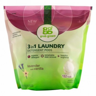 Grab Green, 3イン1洗濯洗剤ポッド, ラベンダー, 132ロード, 5ポンド4オンス（2,376 g）