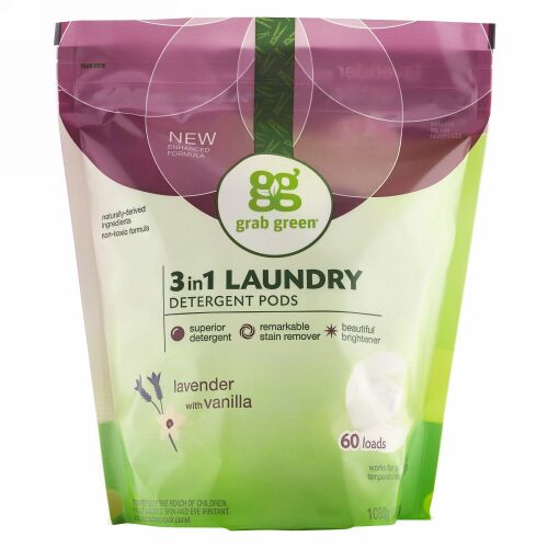 Grab Green, 3イン1洗濯洗剤ポッド、ラベンダー、60回分、2 lbs 6 oz (1080 g)