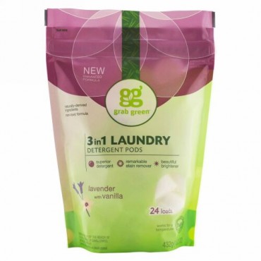 Grab Green, 3イン1洗濯洗剤ポッド, ラベンダー, 24ロード, 15.2 オンス（432 g）