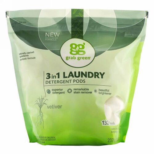 Grab Green, 3 イン1洗濯洗剤ポッド, ベチバー, 132ロード, 5ポンド4オンス（2,376 g）