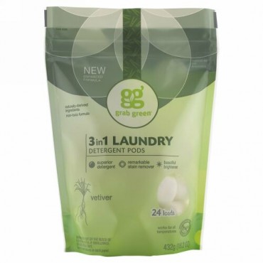Grab Green, 3イン1洗濯石鹸ポッド, ベチバー, 24回分, 15.2オンス（432 g） (Discontinued Item)