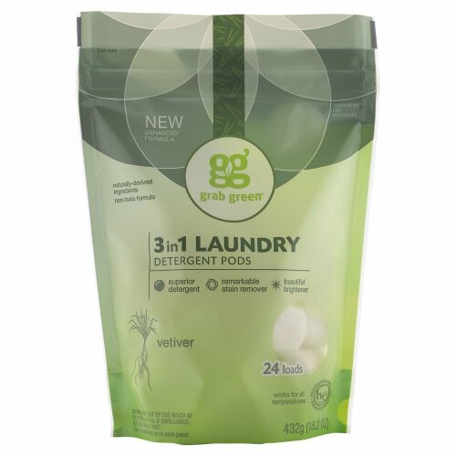 Grab Green, 3イン1洗濯石鹸ポッド, ベチバー, 24回分, 15.2オンス（432 g） (Discontinued Item)