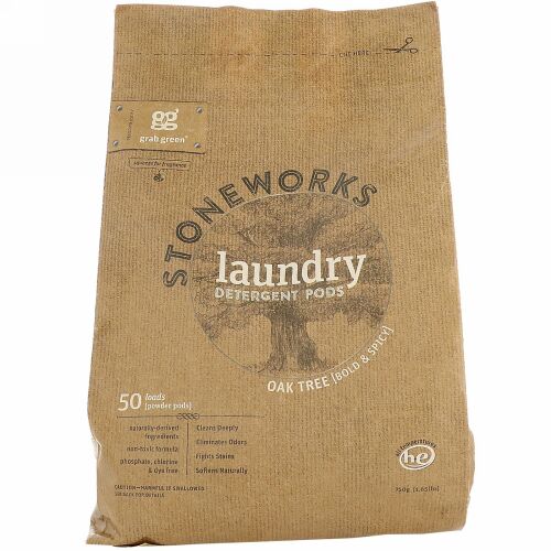 Grab Green, Stoneworks、ランドリーディタージェントポッド（洗濯洗剤）、オーク、50回量、1.65 lbs (750 g)