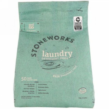 Grab Green, Stoneworks、ランドリーディタージェントポッド（洗濯洗剤）、レイン、50回量、1.65 lbs (750 g)