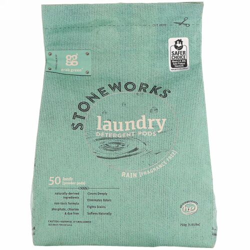 Grab Green, Stoneworks、ランドリーディタージェントポッド（洗濯洗剤）、レイン、50回量、1.65 lbs (750 g)